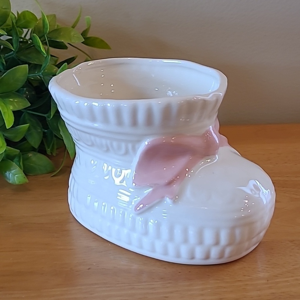VINTAGE Painted Ceramic Baby Boot Planter with Painted Pink Bow, Made in Canada